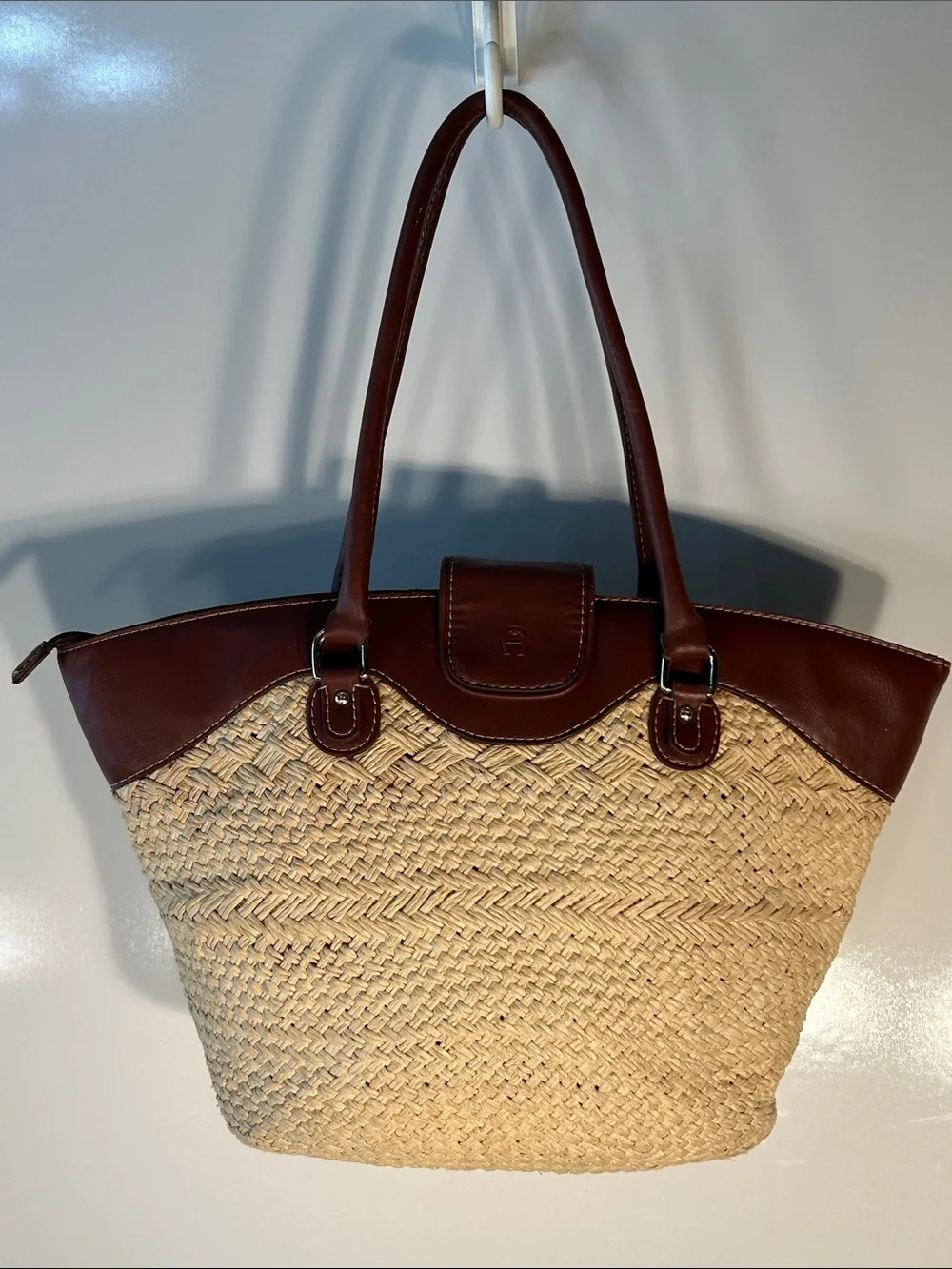 Etienne Aigner Woven Straw Bag Brown Trim Resort Timeless Cottage Coastal